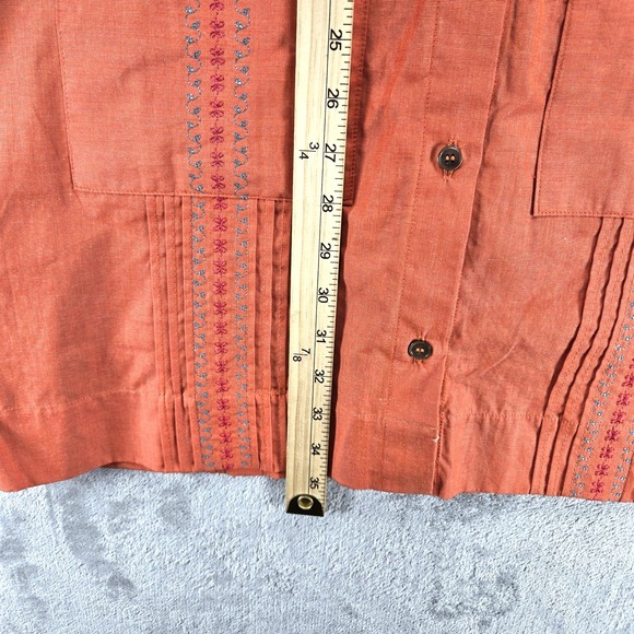 Dos Carolinas Embroidered Cotton Guayabera Shirt Dress Orange Boho Artisan Large - Picture 7 of 8